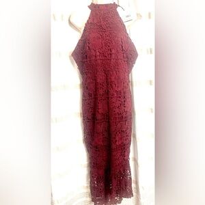 Misguided NWT Women Whimsical Burgundy sleeveless High Neck Midi Lace Dress US10